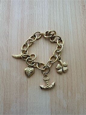 Gold Charm Link Bracelet with Heart, Anchor & Clover